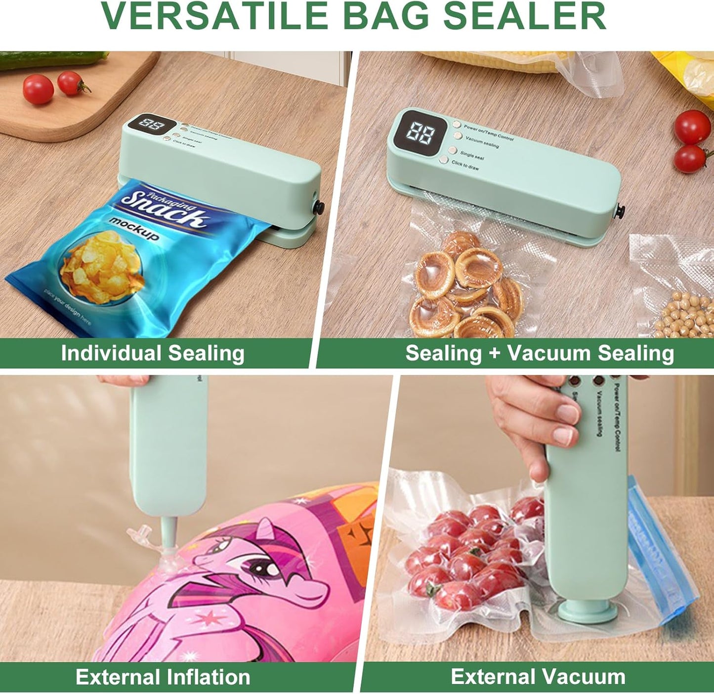 Mini Vacuum Sealer for Food, 3 in 1 Portable Vacuum Food Sealer Machine with 15 Vacuum Bags, Wet and Dry Use, Digital Countdown Timer, Ideal for Home Kitchen and Travel Use