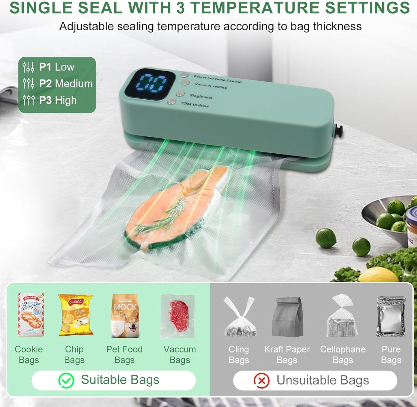 Mini Vacuum Sealer for Food, 3 in 1 Portable Vacuum Food Sealer Machine with 15 Vacuum Bags, Wet and Dry Use, Digital Countdown Timer, Ideal for Home Kitchen and Travel Use
