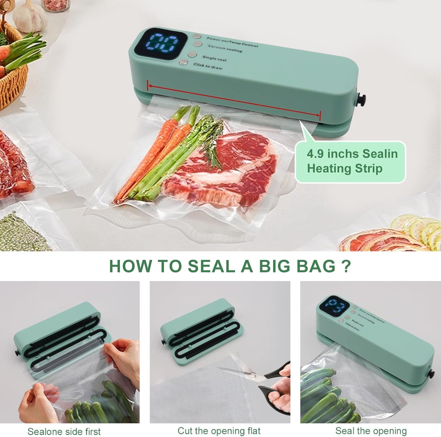 Mini Vacuum Sealer for Food, 3 in 1 Portable Vacuum Food Sealer Machine with 15 Vacuum Bags, Wet and Dry Use, Digital Countdown Timer, Ideal for Home Kitchen and Travel Use
