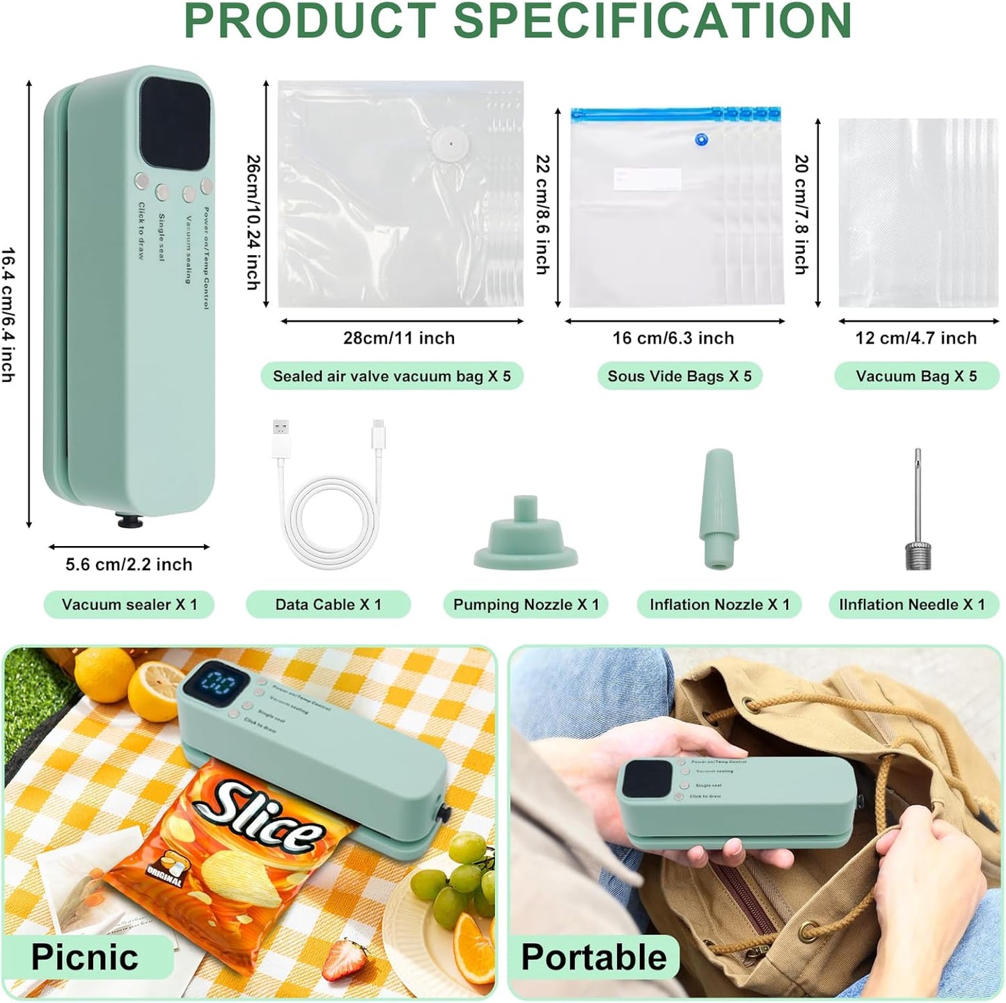 Mini Vacuum Sealer for Food, 3 in 1 Portable Vacuum Food Sealer Machine with 15 Vacuum Bags, Wet and Dry Use, Digital Countdown Timer, Ideal for Home Kitchen and Travel Use